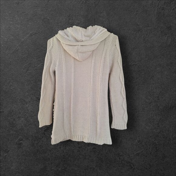 Chunky Cable Knit Hooded CARDIGAN Faux Fur Lined Sweater Tunic Length Pockets M - Picture 5 of 16